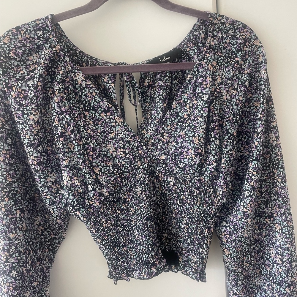 Lulu's Black Floral Smocked Blouse in XS